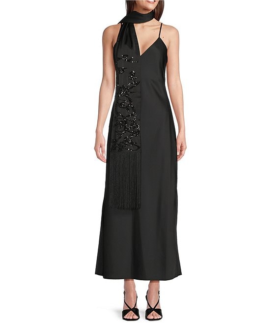 Cezanne Black Sequin Oblong Tassel Scarf