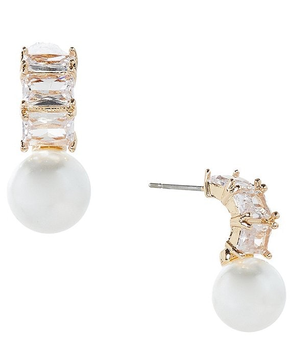 Cezanne Crystal CZ Rectangle Stone Pearl Drop Earrings