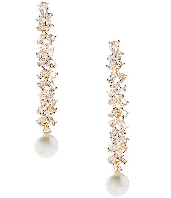 Cezanne Crystal CZ Stone Linear Pearl Drop Earrings