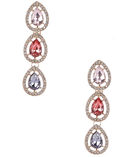 Cezanne Crystal Pave Halo Multi Color Teardrop Linear Earrings, Gold/Multi - Image 1