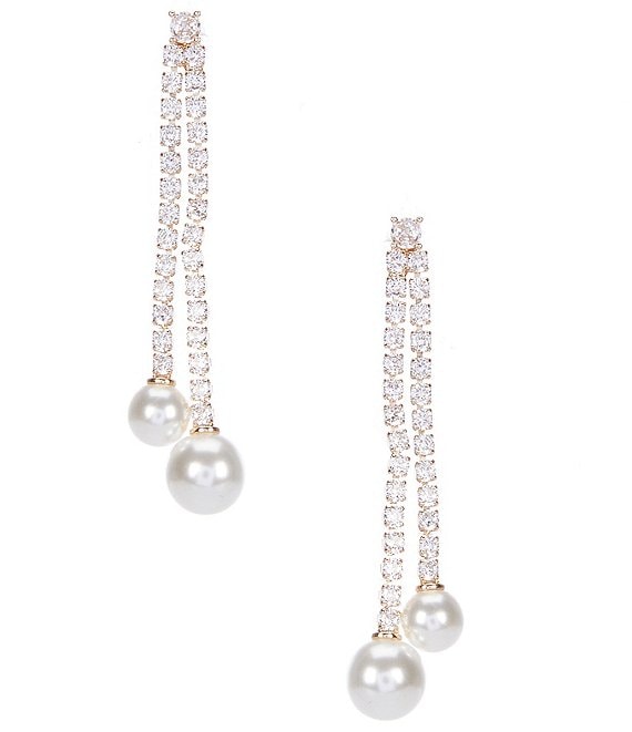 Cezanne Double CZ Rhinestone Chain Pearl Drop Earrings | Dillard's