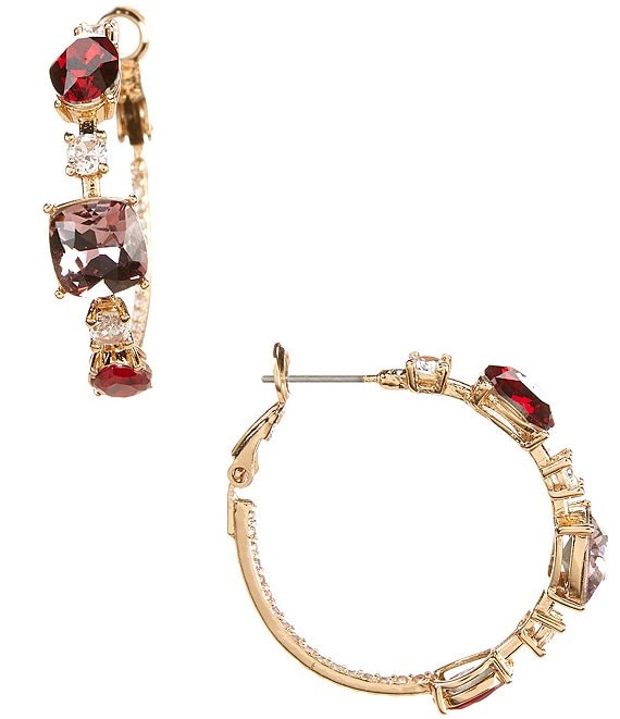 Cezanne Multi Crystal CZ Pave Hoop Earrings, Gold/Ruby - Image 1