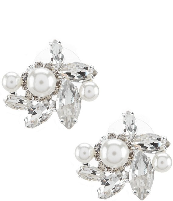 Color:Silver/Pearl/Crystal - Image 1 - Rhinestone & Faux-Pearl Crystal Cluster Stud Earrings