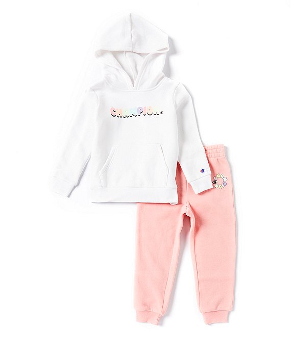 Color:White/Guava Pink - Image 1 - Little Girls 2T-6X Rainbow Bubble Fleece Hoodie & Jogger Set