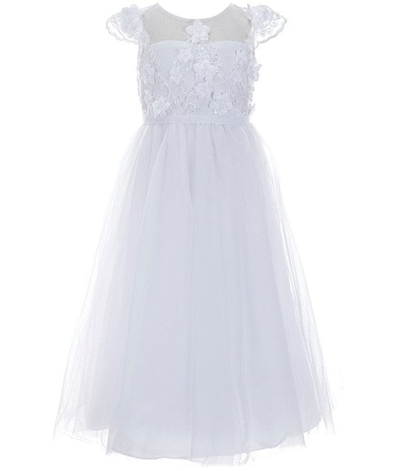 Color:White - Image 1 - Little Girls 2T-6X Cap Sleeve 3D Embroidered Mesh Communion Dress