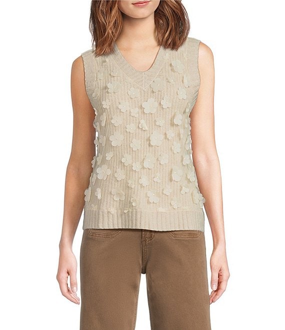 Charlie B. 3D Floral Mesh V-Neck Sleeveless Sweater Vest, Havoine Honey - Image 1