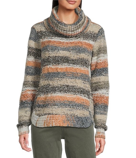 Charlie B. Wool Blend Cable Knit Striped Cowl Neck Long Sleeve Sweater, Autumn - Image 1