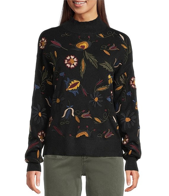 Charlie B. Mock Neck Long Sleeve Embroidered Sweater, Black - Image 1