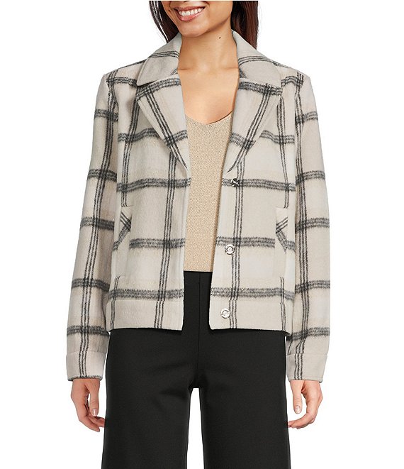 Charlie B. Plaid Lurex Knit Wool Blend Notch Collar Long Sleeve Coat, Beige - Image 1