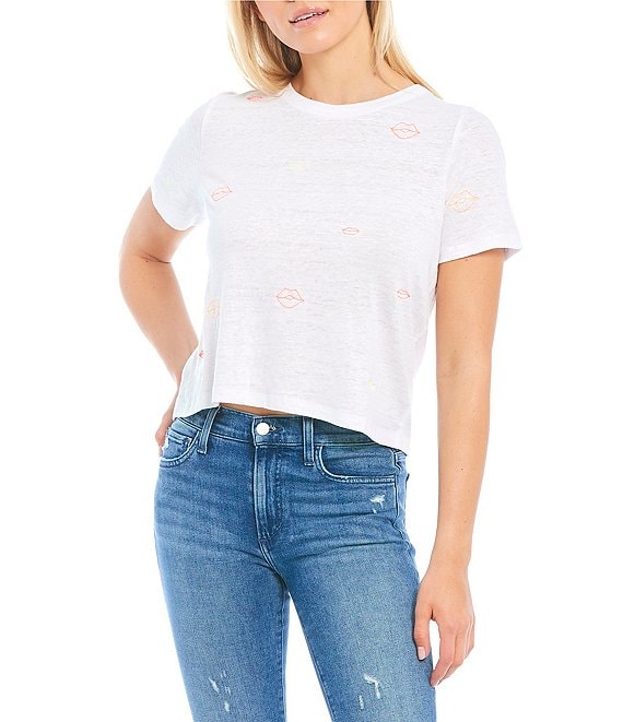 Color:White - Image 1 - Woven Neon Embroidered Lip Crew Neck Short Sleeve Cropped Graphic Tee