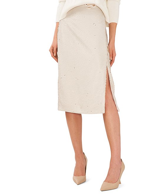 Color:Antique White - Image 1 - 2-Way Sequin Side Slit Midi Pencil Skirt