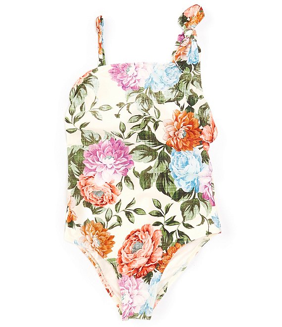 Color:Cabbage Rose - Image 1 - Big Girls 7-16 Bow One Shoulder One-Piece Floral Swimsuit