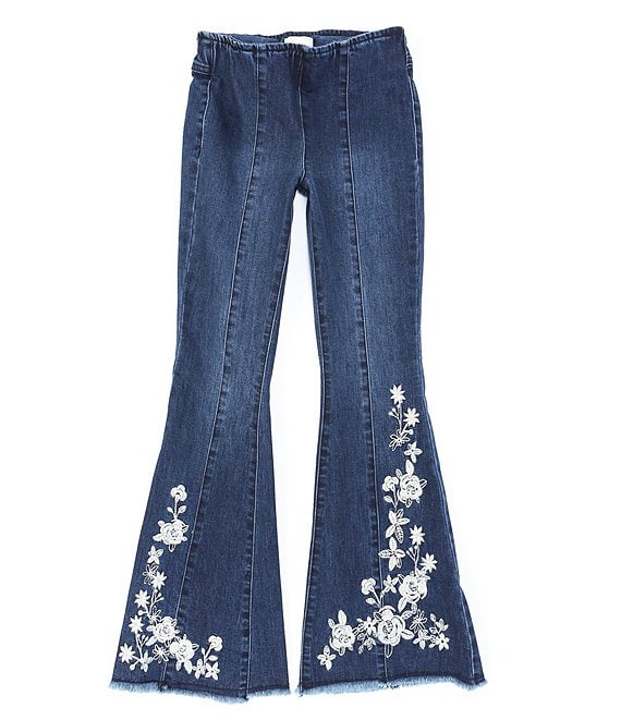 Color:Dark Stone - Image 1 - Big Girls 7-16 Denim Embroidery Flare Leg Jeans