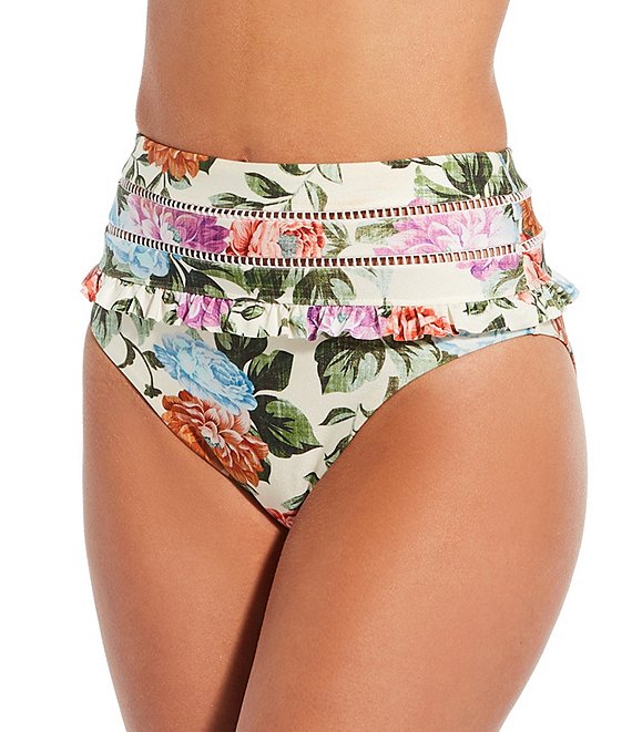 Color:Multi - Image 1 - Cabbage Rose Floral Shiny Jersey Knit Ruffle High Waisted Swim Bottom