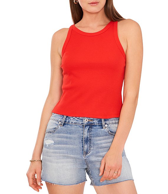 Color:Flame Scarlet - Image 1 - Cropped Racer Crew Neck Sleeveless Knit Tee