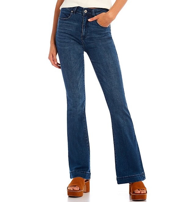Color:Quartz Wash - Image 1 - High Rise Stretch Indigo Denim Flare Jeans