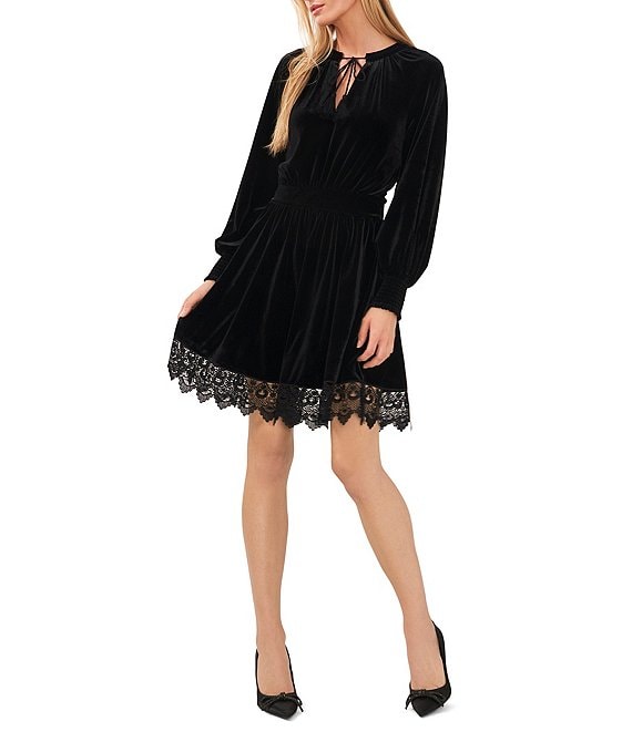 Color:Rich Black - Image 1 - Lace Trim Velvet Self-Tie Split Tassel Neck Fit and Flare Dress