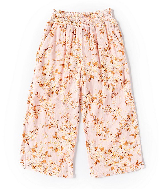 Color:Blush/Brown - Image 1 - Little Girls 2T-6X Floral Print Smocked Waist Wide Leg Pants