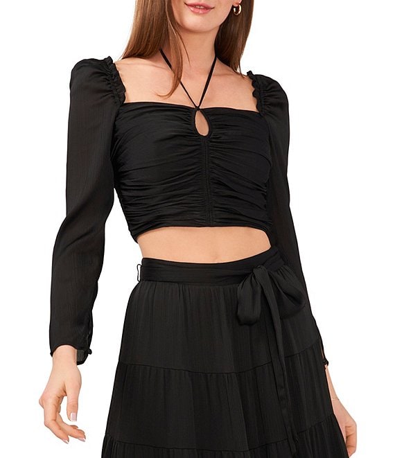 Color:Rich Black - Image 1 - Plisse Long Sleeve Ruched Square Neck Cropped Top