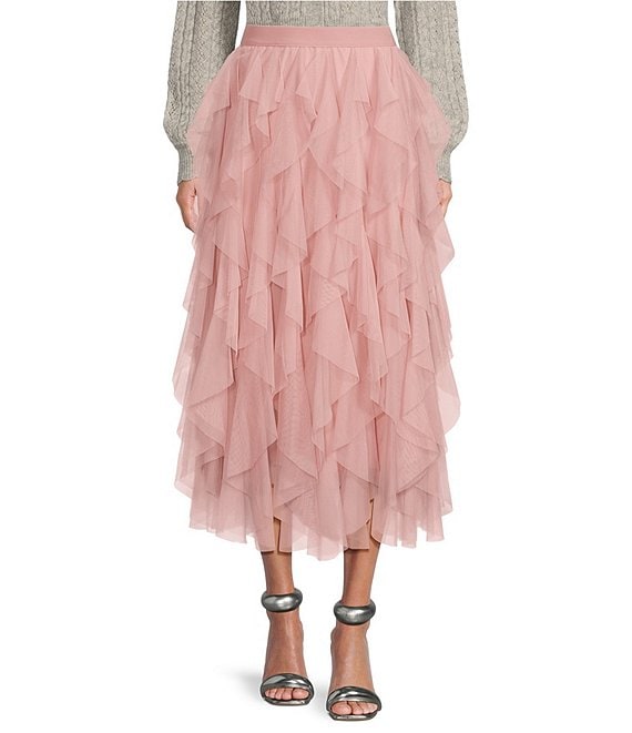 Color:Pale Mauve - Image 1 - Ruffled Tulle Midi Skirt