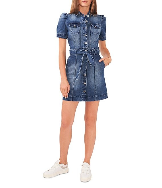 Color:Mid Rinse - Image 1 - Short Puff Sleeve Button Front Stretch Denim Belted Mini Dress