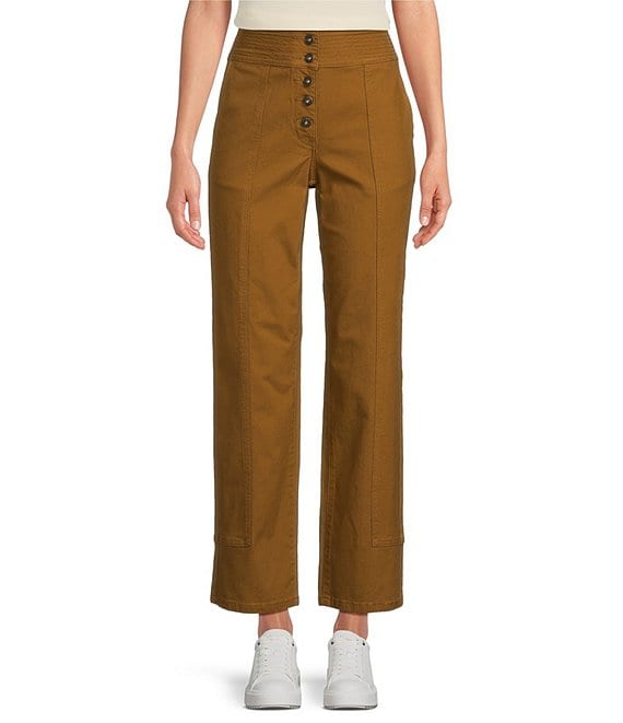 Color:Tapenade - Image 1 - Stretch High Rise Button Front Wide Leg Pants