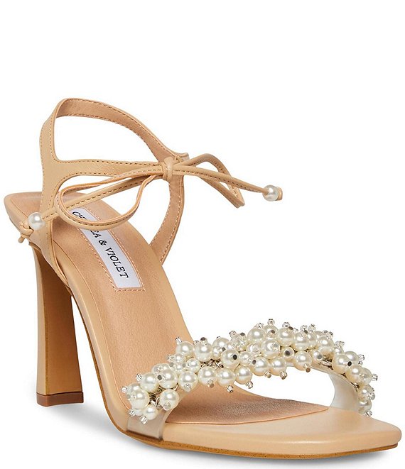 Color:Beige - Image 1 - Tristy Pearl Embellished Square Toe Sandals