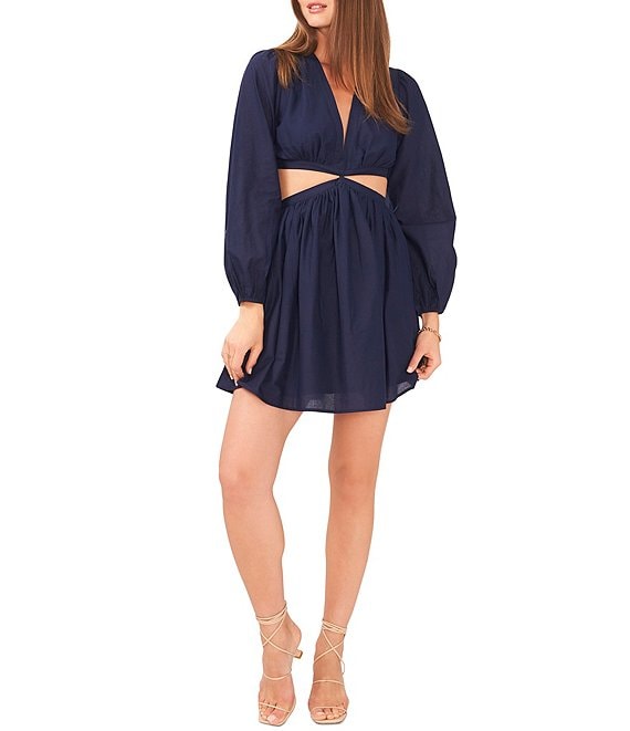 Color:Classic Navy - Image 1 - V-Neck Long Sleeve Cut-Out Mini Dress