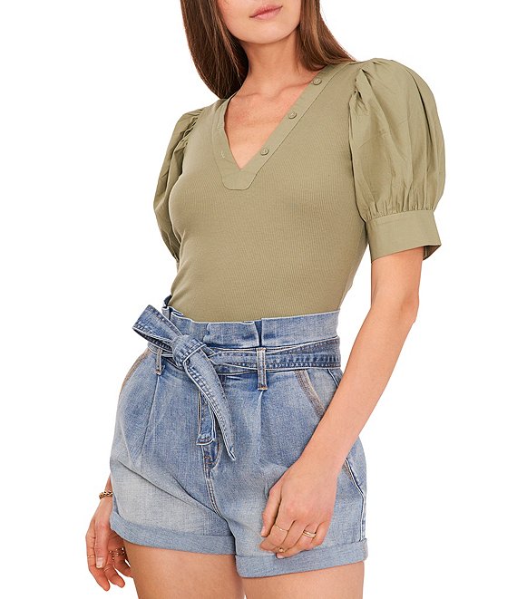 Color:Oil Green - Image 1 - V-Neck Mixed Media Short Elbow Puff Sleeve Ribbed Knit Top