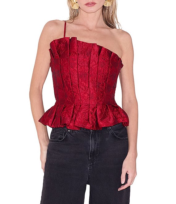 CIEBON Clarissa Asymmetrical Neck Sleeveless Sculpted Pleated Jacquard Top