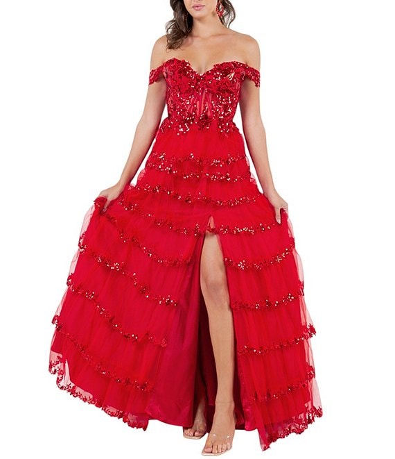 Cinderella Couture Off-The-Shoulder Sequin Beaded Bodice Tiered Tulle Ruffled A-Line Gown, Red - Image 1