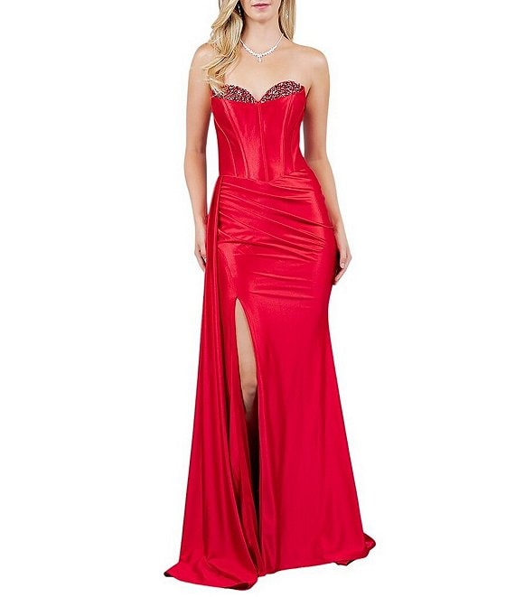 Cinderella Couture Satin Strapless Beaded Corseted Lace Up Back Side Slit Sash Long Dress