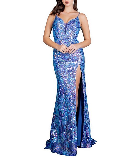 Cinderella Couture Sequin Embellished Floral Applique Deep Illusion V-Neck Side Slit Lace Up Back Long Dress