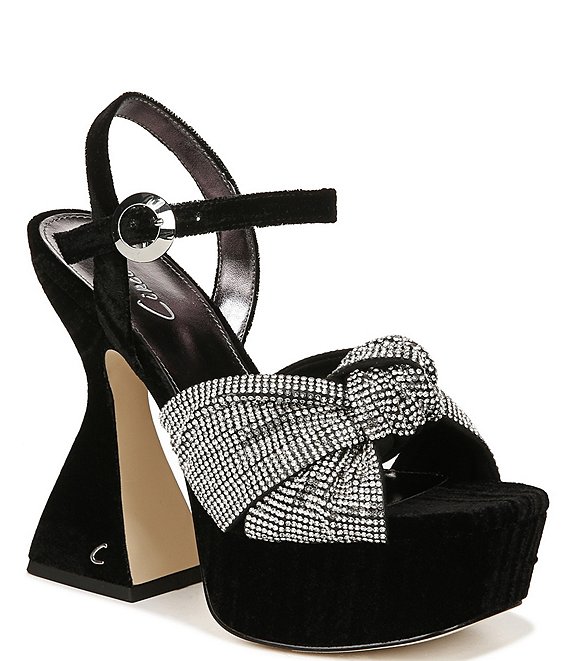 Color:Black - Image 1 - Audrea Jewel Velvet Platform Ankle Strap Dress Sandals