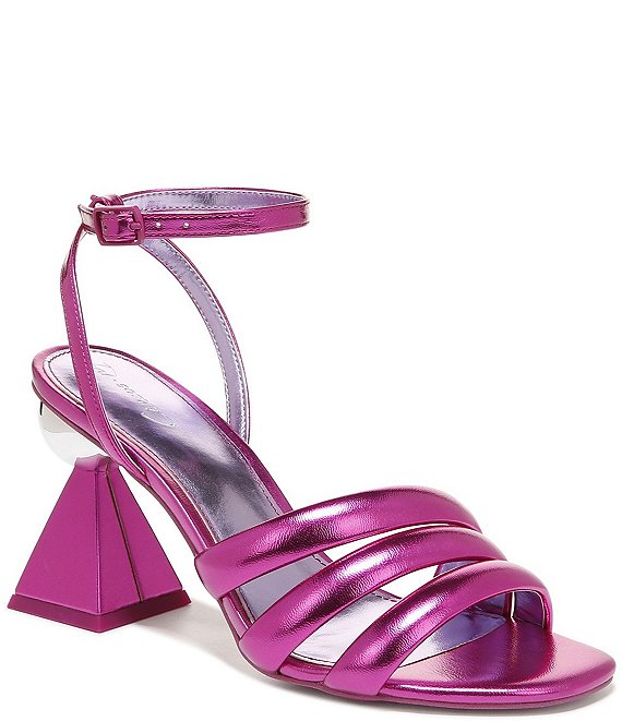 Color:Dark Orchid Haze/Pink - Image 1 - Bobbie Mismatched Metallic Puff Sculptural Heel Sandals