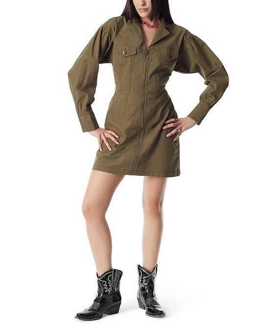 Color:Burnt Olive - Image 1 - Long Sleeve Notched Collar Front Zip Dress