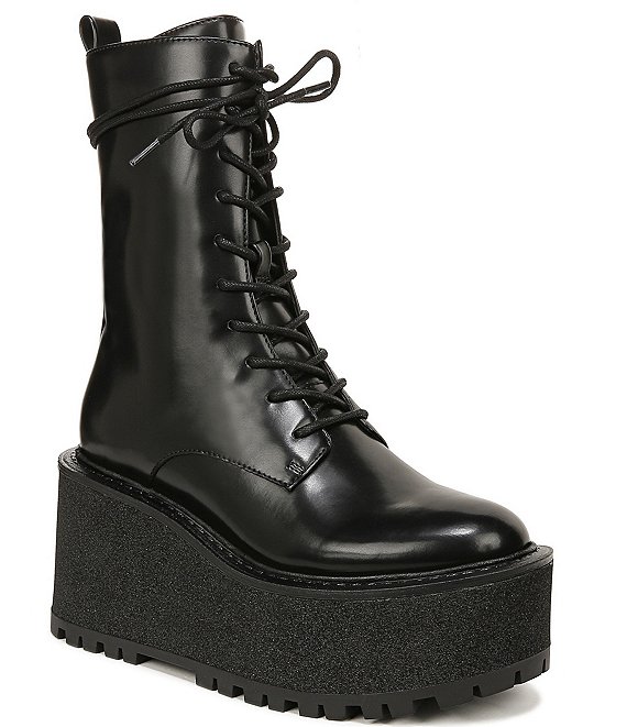 Color:Black - Image 1 - Slater Lace-Up Platform Lug Sole Combat Wedge Boots
