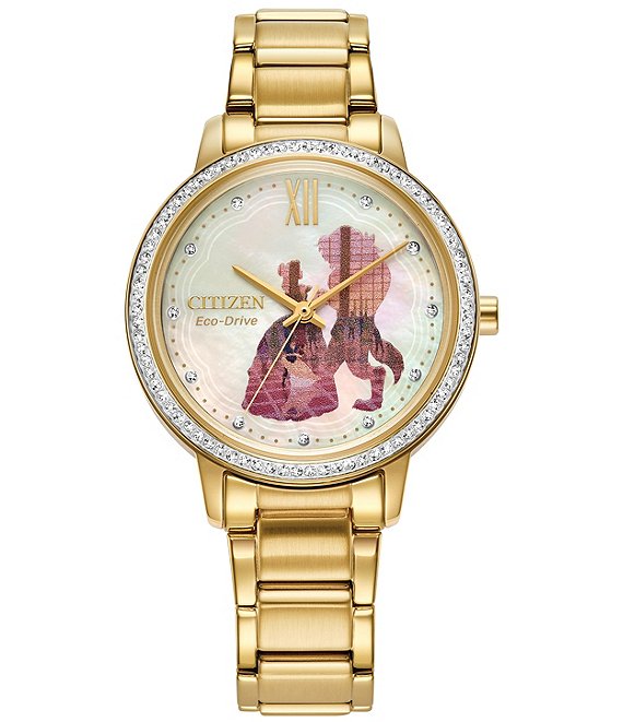 Color:Gold - Image 1 - Women's Disney Collection Belle & Beast Three Hand Gold Stainless Steel Bracelet Watch and Pin Set