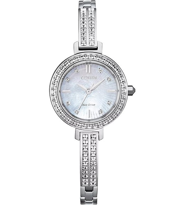 Color:Silver - Image 1 - Women's Silhouette Crystal Three Hand Stainless Steel Petite Bracelet Watch