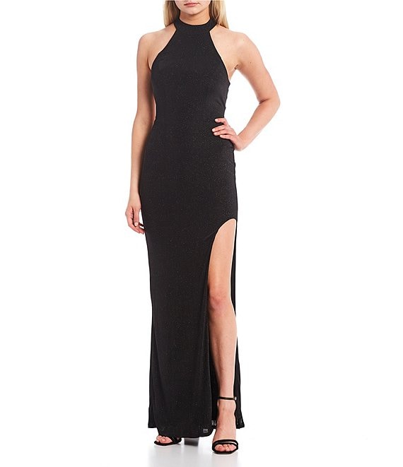 Color:Black - Image 1 - High-Neck Sleeveless Glitter-Knit Long Dress