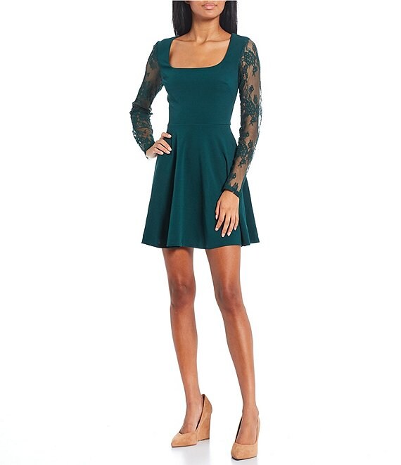 City Vibe Long Lace Illusion Sleeve Fit-And-Flare Dress