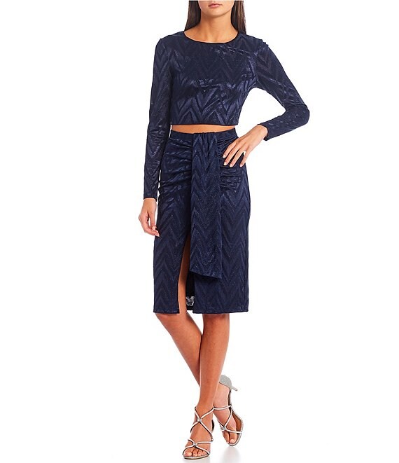 Color:Navy - Image 1 - Long-Sleeve Glitter-Knit Top & Midi Skirt Two-Piece Dress