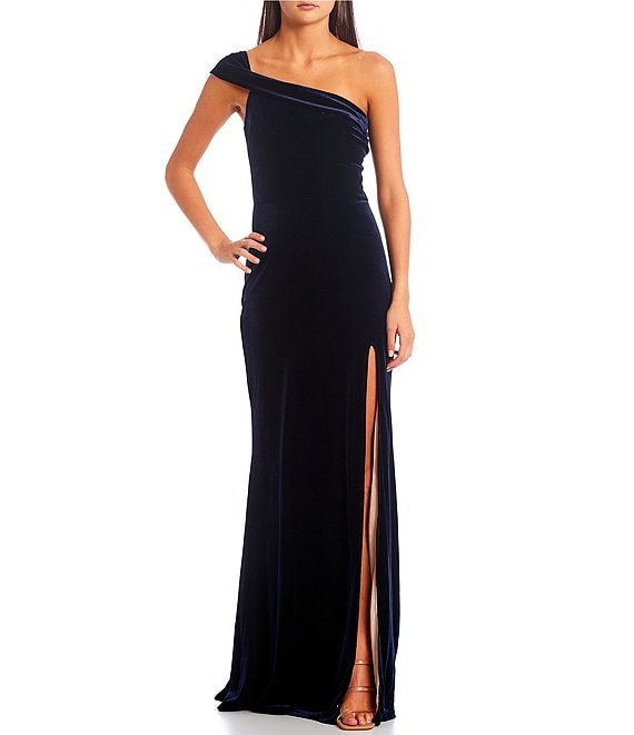 City Vibe One-Shoulder Side Slit Long Velvet Dress | Dillard's