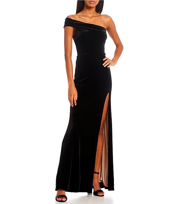 Color:Black/Rose - Image 1 - One-Shoulder Side Slit Long Velvet Dress