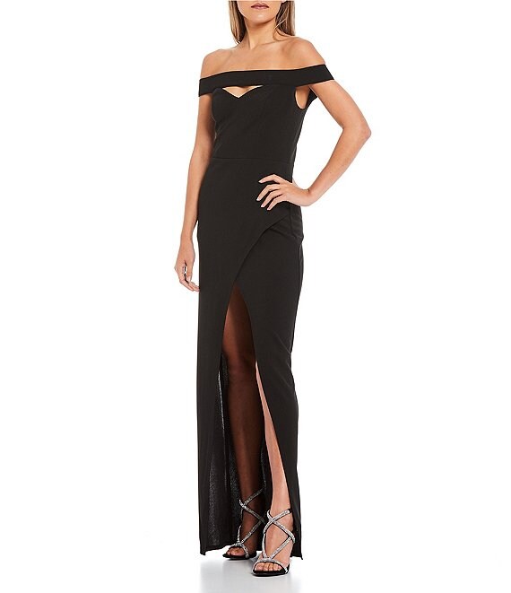 Color:Black - Image 1 - Off-the-Shoulder Cutout Scuba Crepe Slit Faux-Wrap Skirt Slim Long Dress