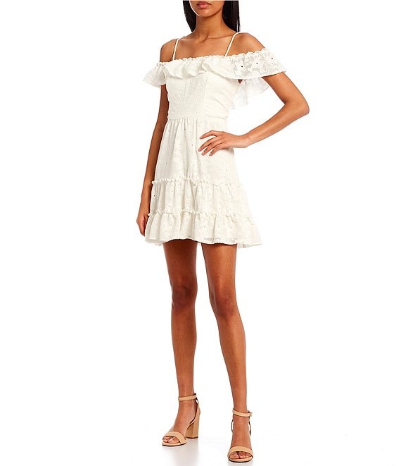 Color:White - Image 1 - Off-The-Shoulder Ruffle Neckline Tiered Fit-And-Flare Lace Dress