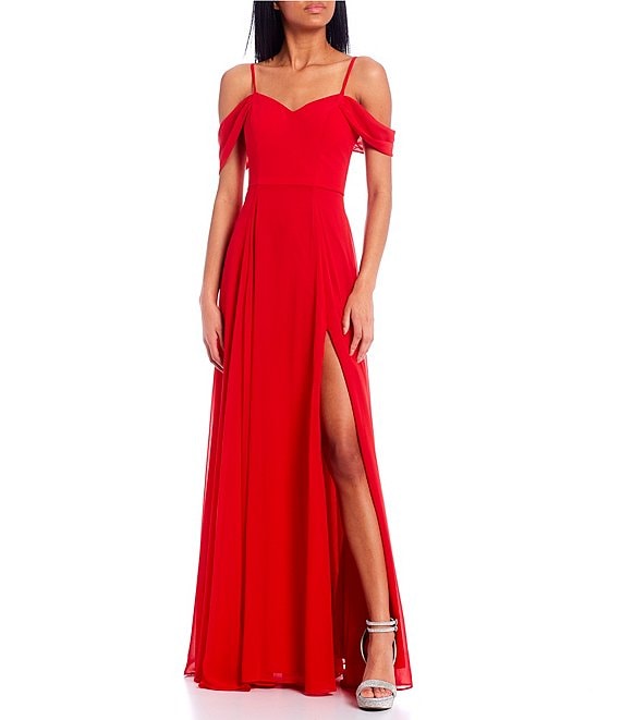 Color:Strawberry - Image 1 - Off-The-Shoulder Sweetheart Neck Side Slit Chiffon Long Dress