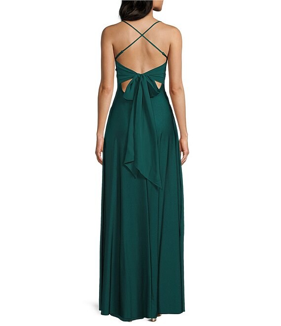 City Vibe Pleated Drape Neck Spaghetti Strap Tie Back Front Slit