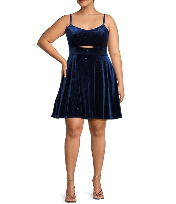 Color:Navy - Image 1 - Plus Glitter Velvet Front Cut-Out Fit-And-Flare Dress