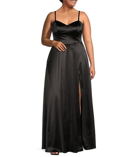 Color:Black - Image 1 - Plus Spaghetti Strap V-Neck Empire Waist Power Satin Slit Hem Long Dress
